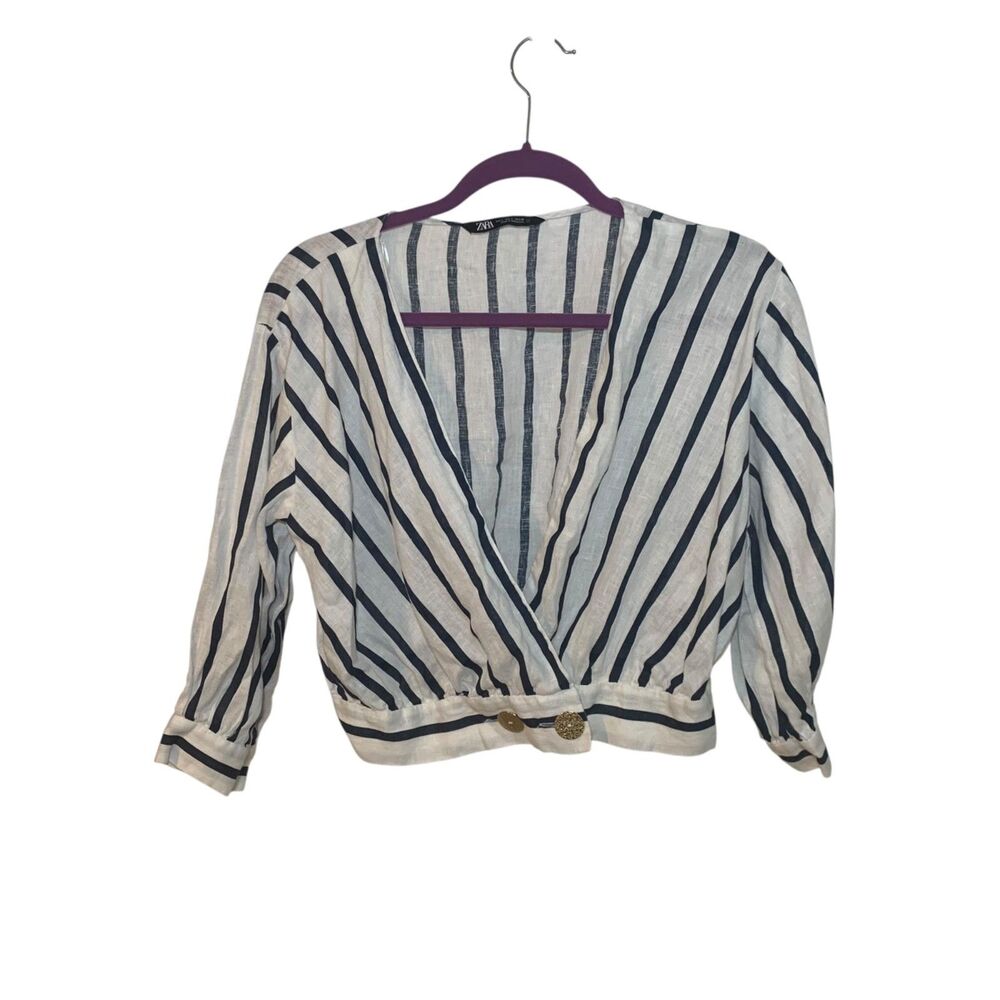 Zara Womens Blue Striped Linen Cropped Top L European Vacation Resort Nautical